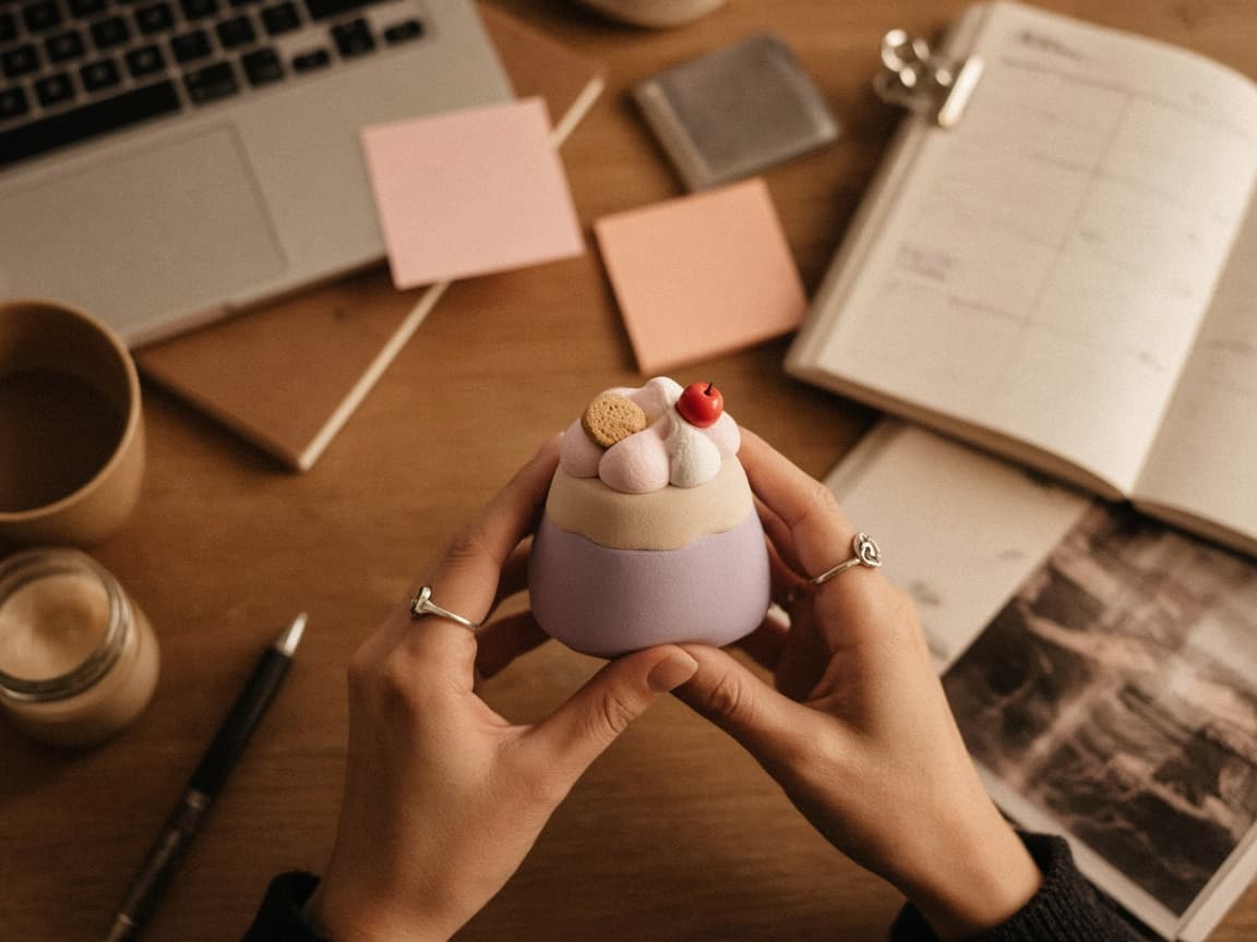 Hands holding a pudding cup over a busy desk